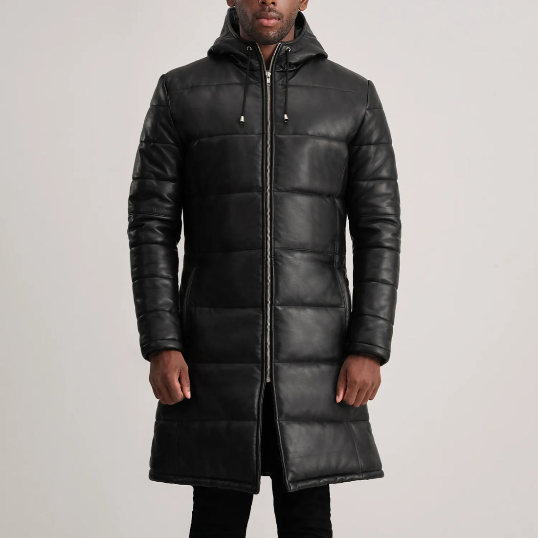 Aeromont Hooded Leather Puffer Coat Black for sale