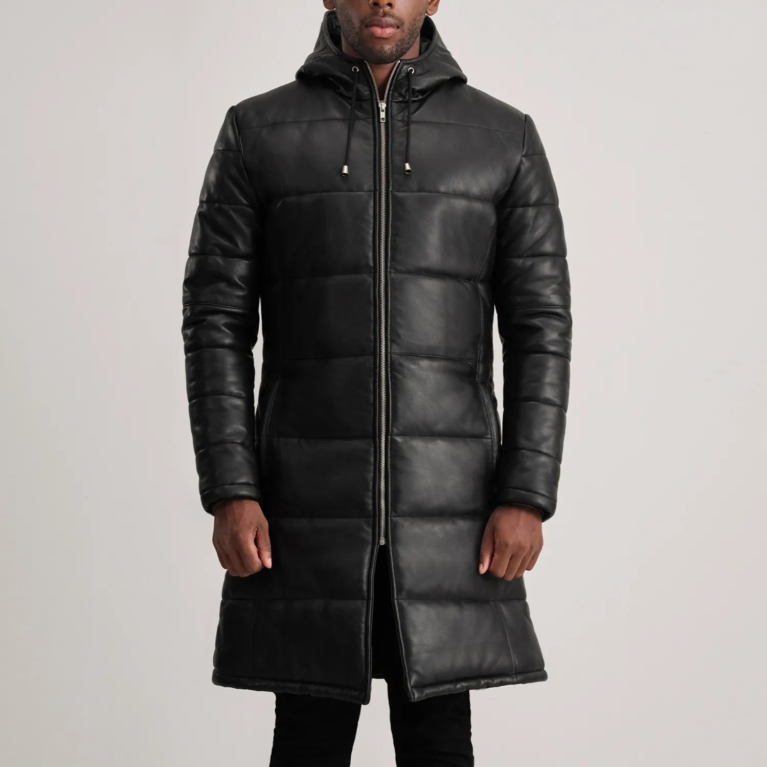 Aeromont Hooded Leather Puffer Coat Black for sale