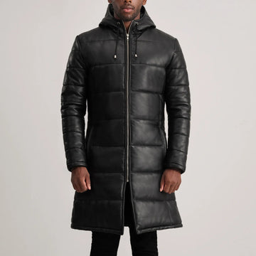 Aeromont Hooded Leather Puffer Coat Black for sale