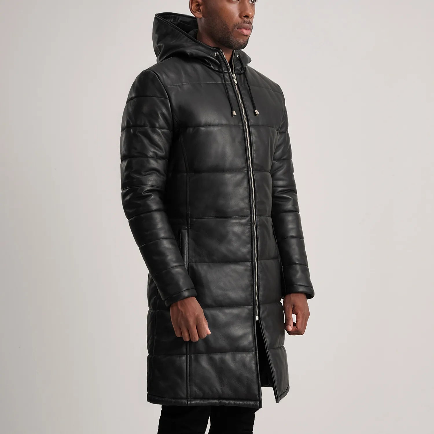Aeromont Hooded Leather Puffer Coat Black for sale
