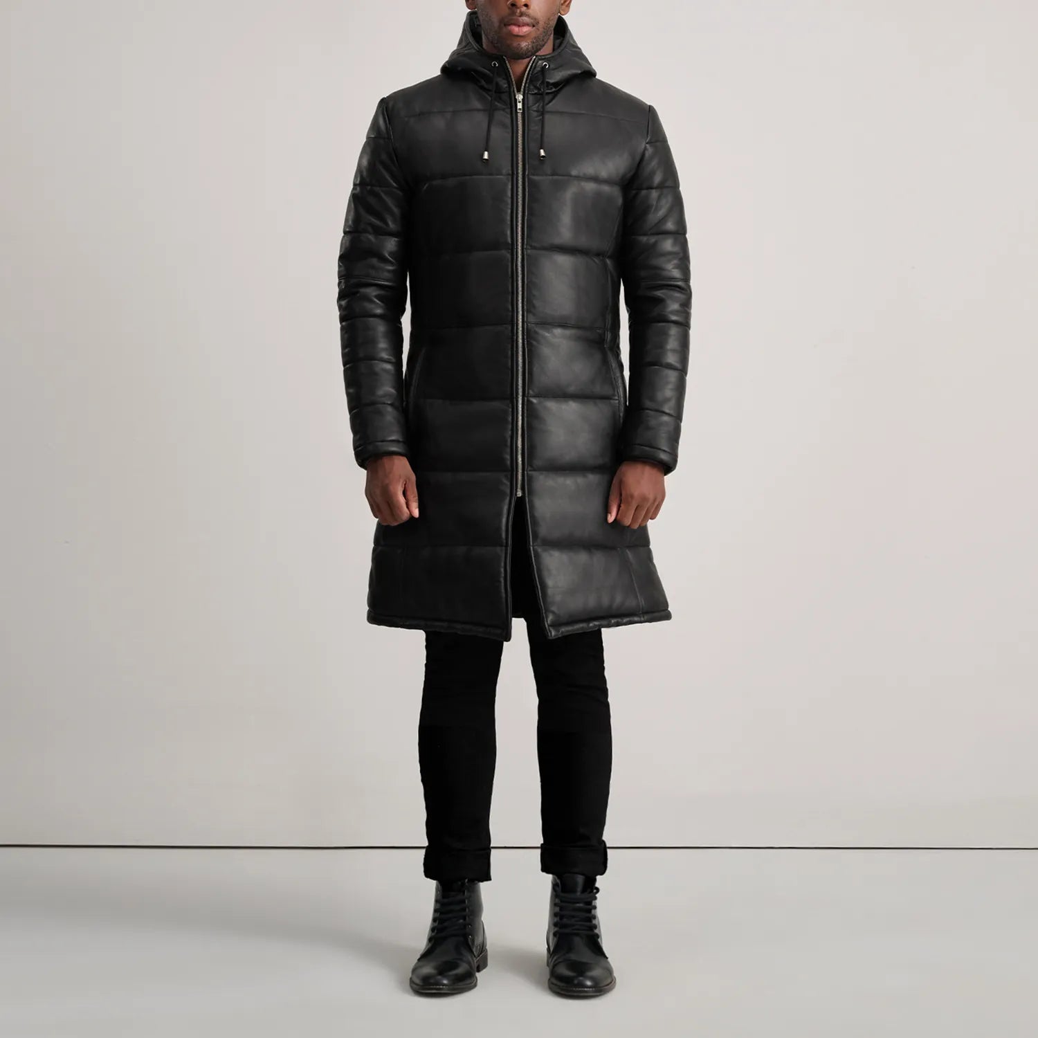 Aeromont Hooded Leather Puffer Coat Black for sale
