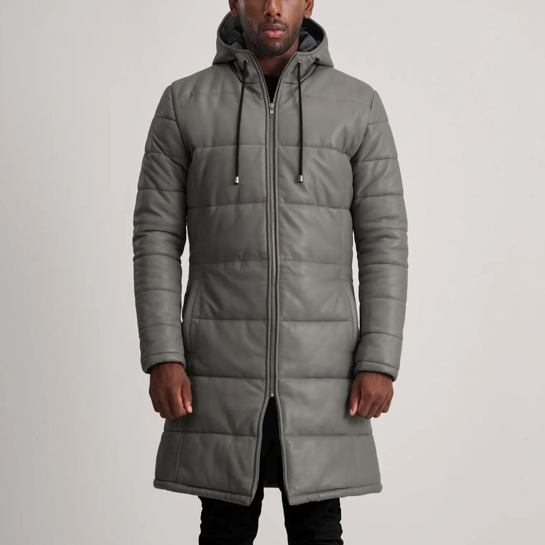 Aeromont Hooded Leather Puffer Coat Grey for sale