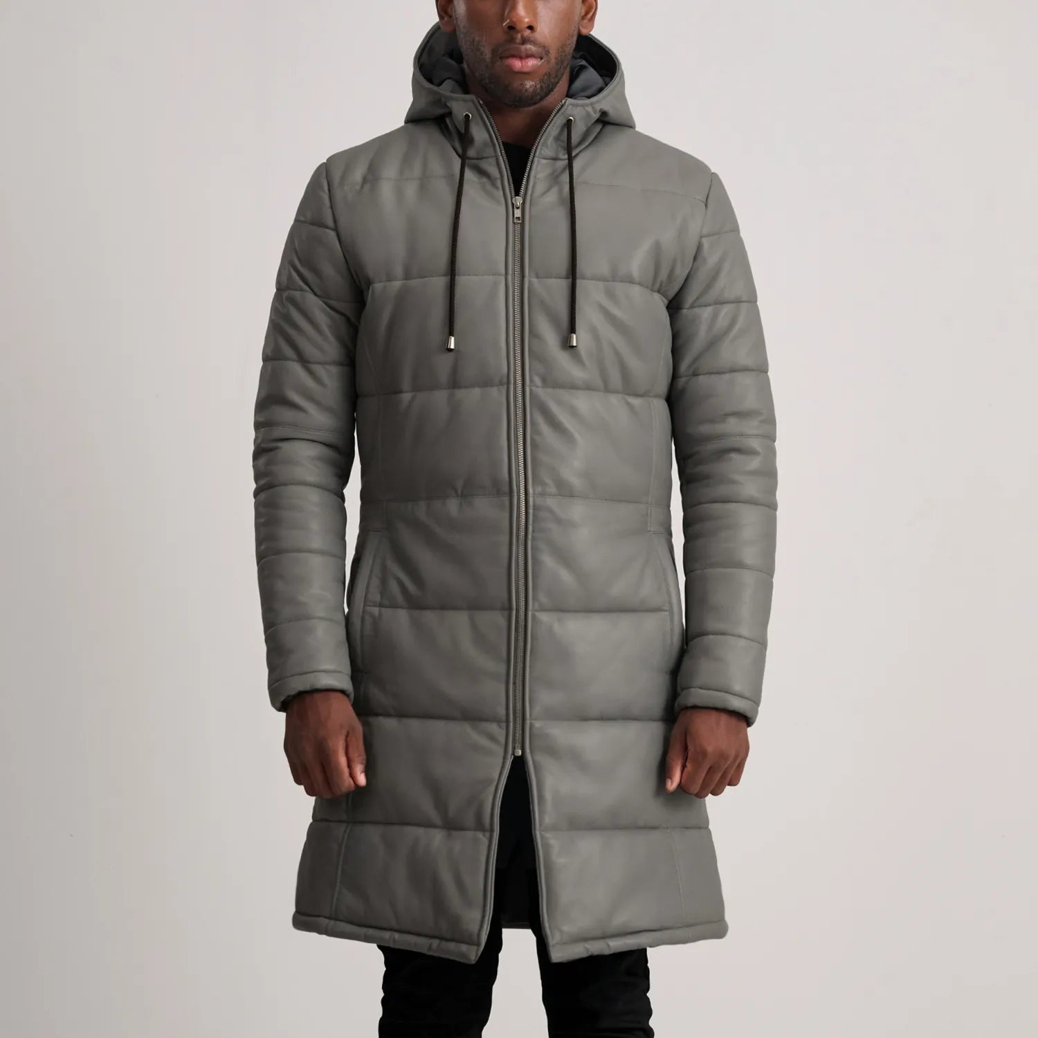 Aeromont Hooded Leather Puffer Coat Grey for sale