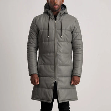 Aeromont Hooded Leather Puffer Coat Grey for sale
