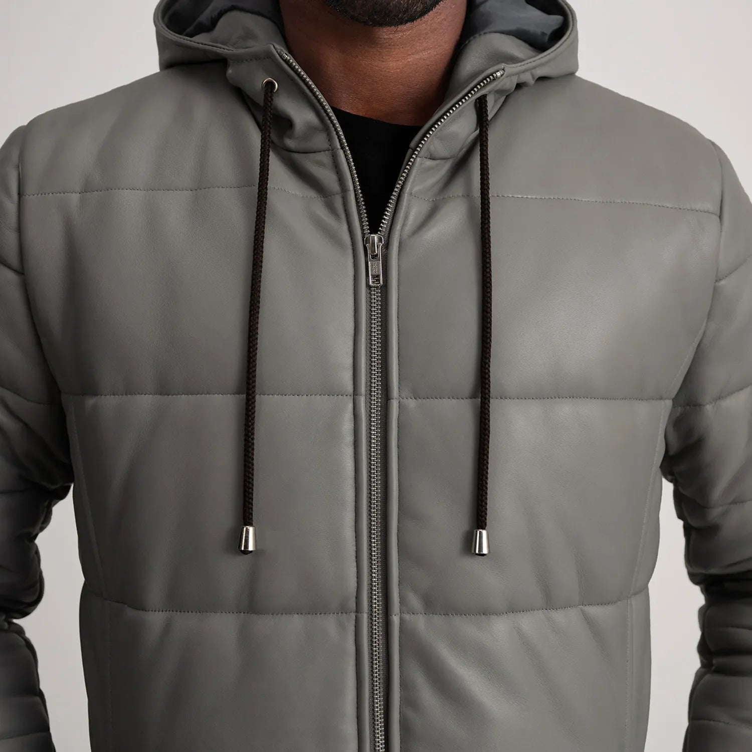 Aeromont Hooded Leather Puffer Coat Grey for sale