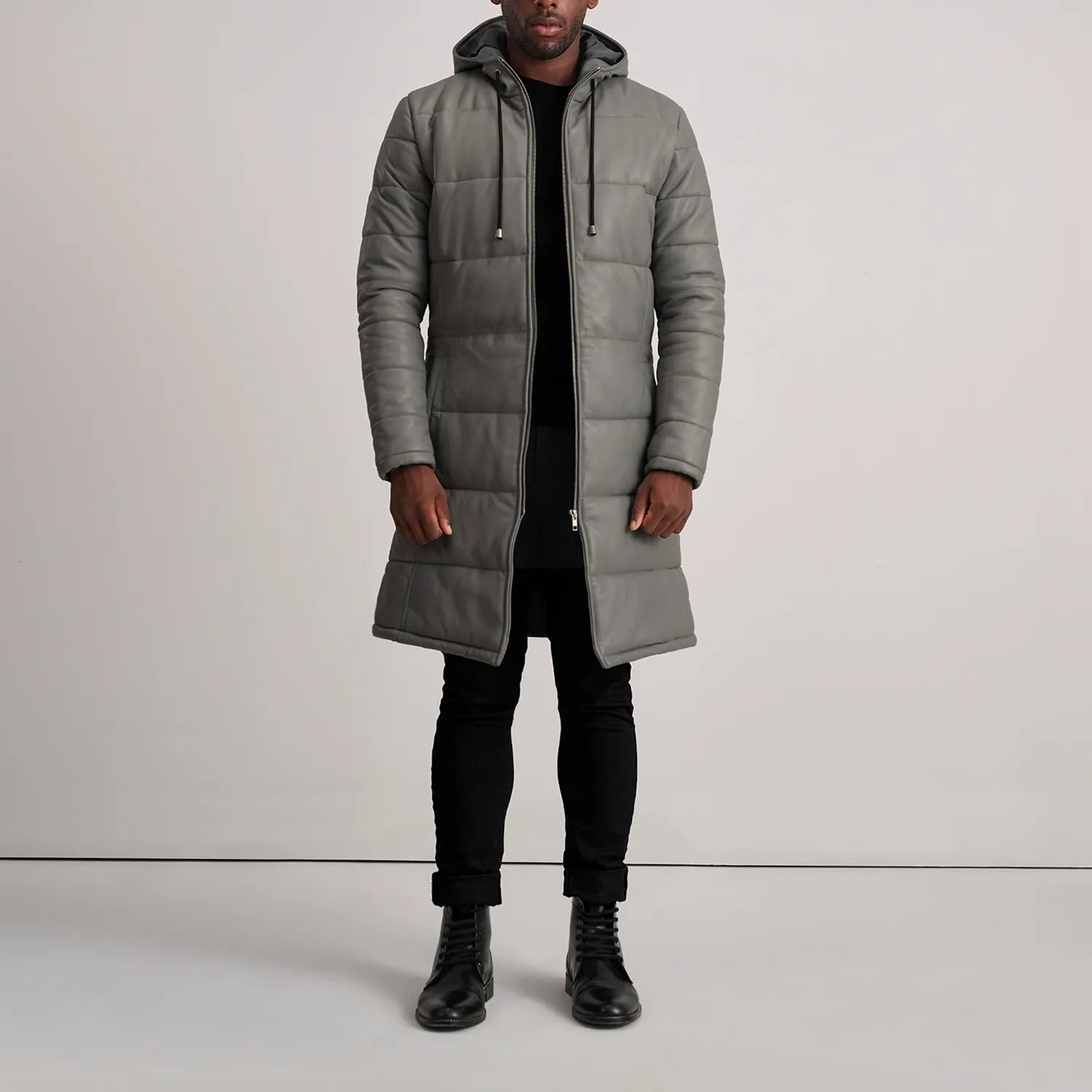 Aeromont Hooded Leather Puffer Coat Grey for sale