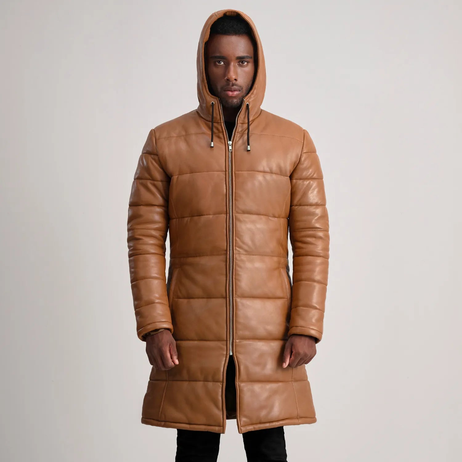 Aeromont Hooded Leather Puffer Coat Tan for sale