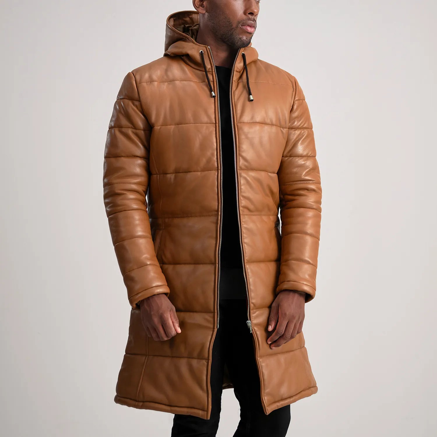 Aeromont Hooded Leather Puffer Coat Tan for sale