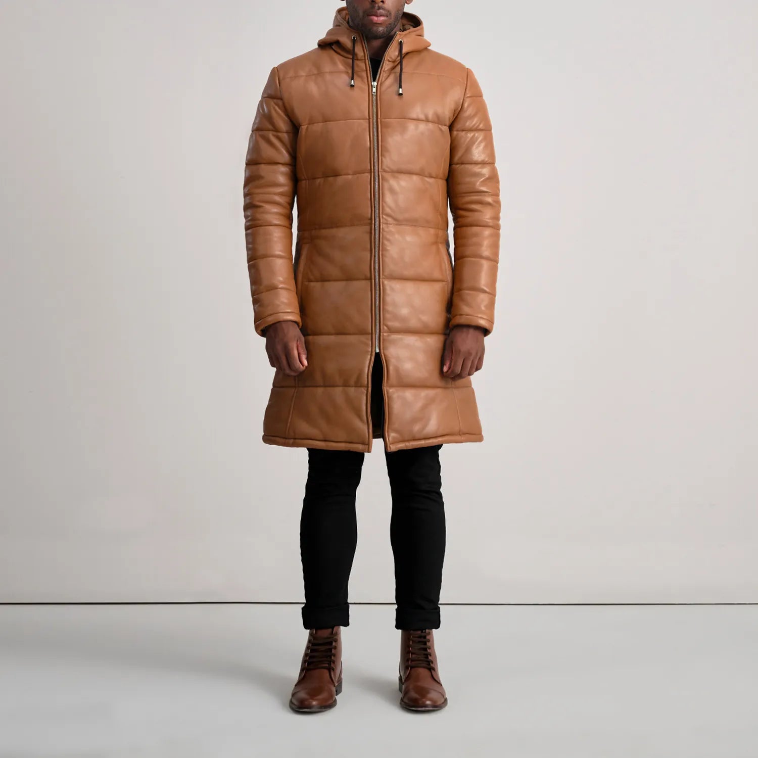 Aeromont Hooded Leather Puffer Coat Tan for sale