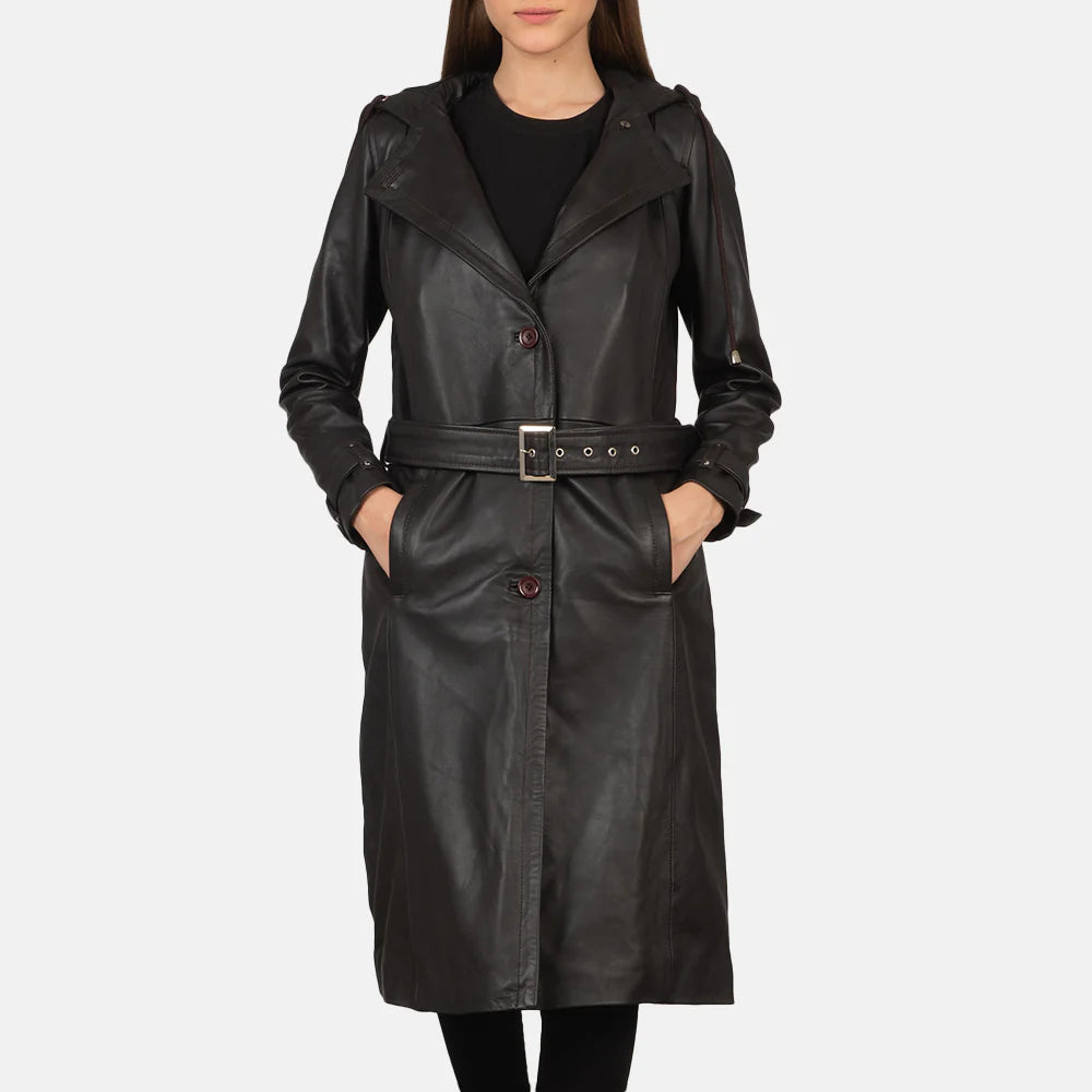 Arden Deep Brown Hooded Leather Trench Coat for sale