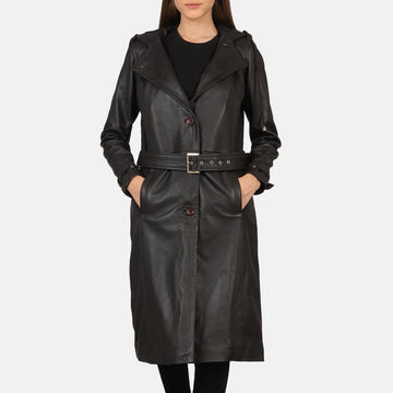 Arden Deep Brown Hooded Leather Trench Coat for sale