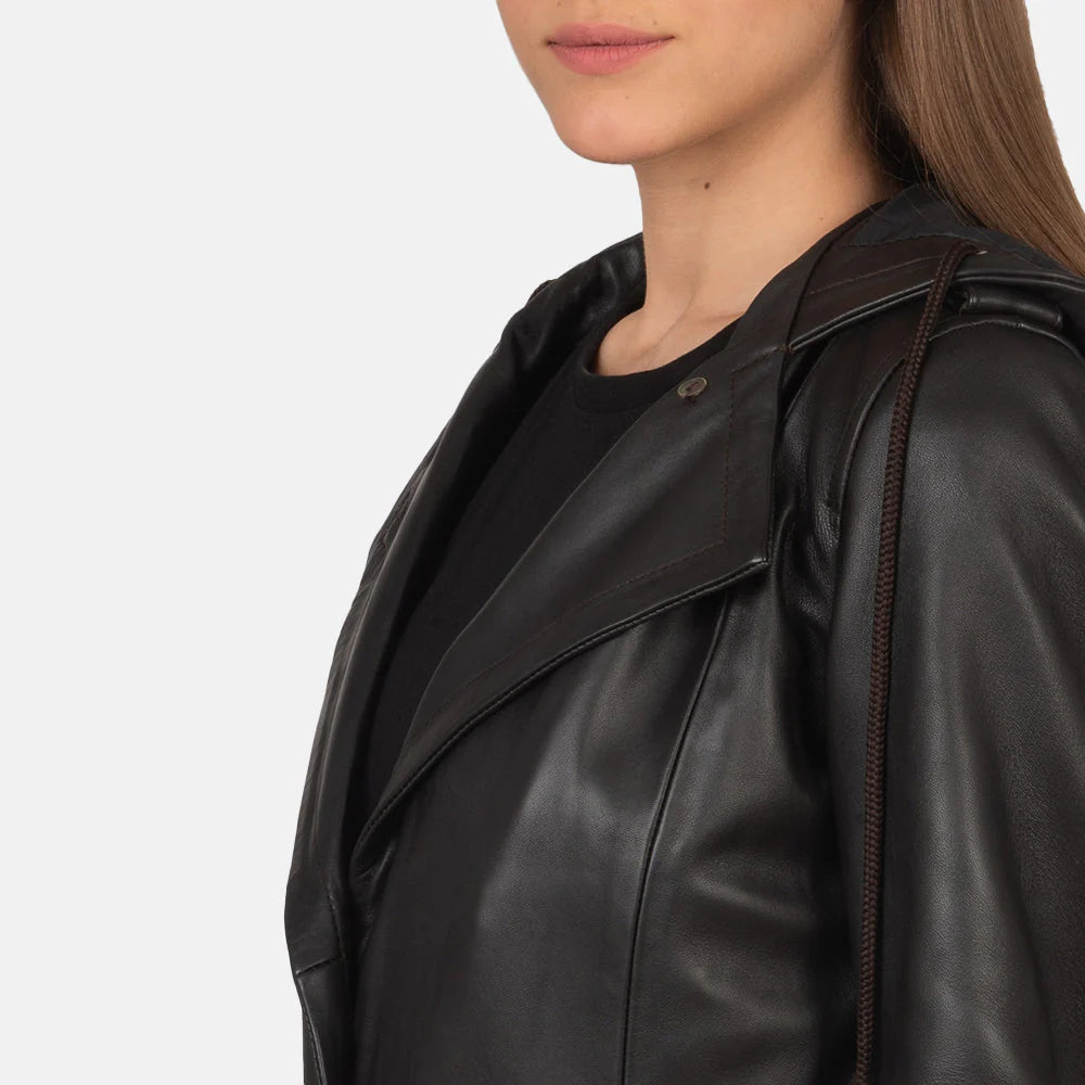 Arden Deep Brown Hooded Leather Trench Coat for sale