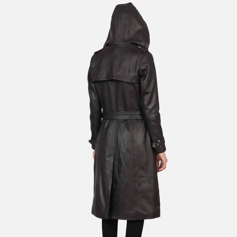 Arden Deep Brown Hooded Leather Trench Coat for sale