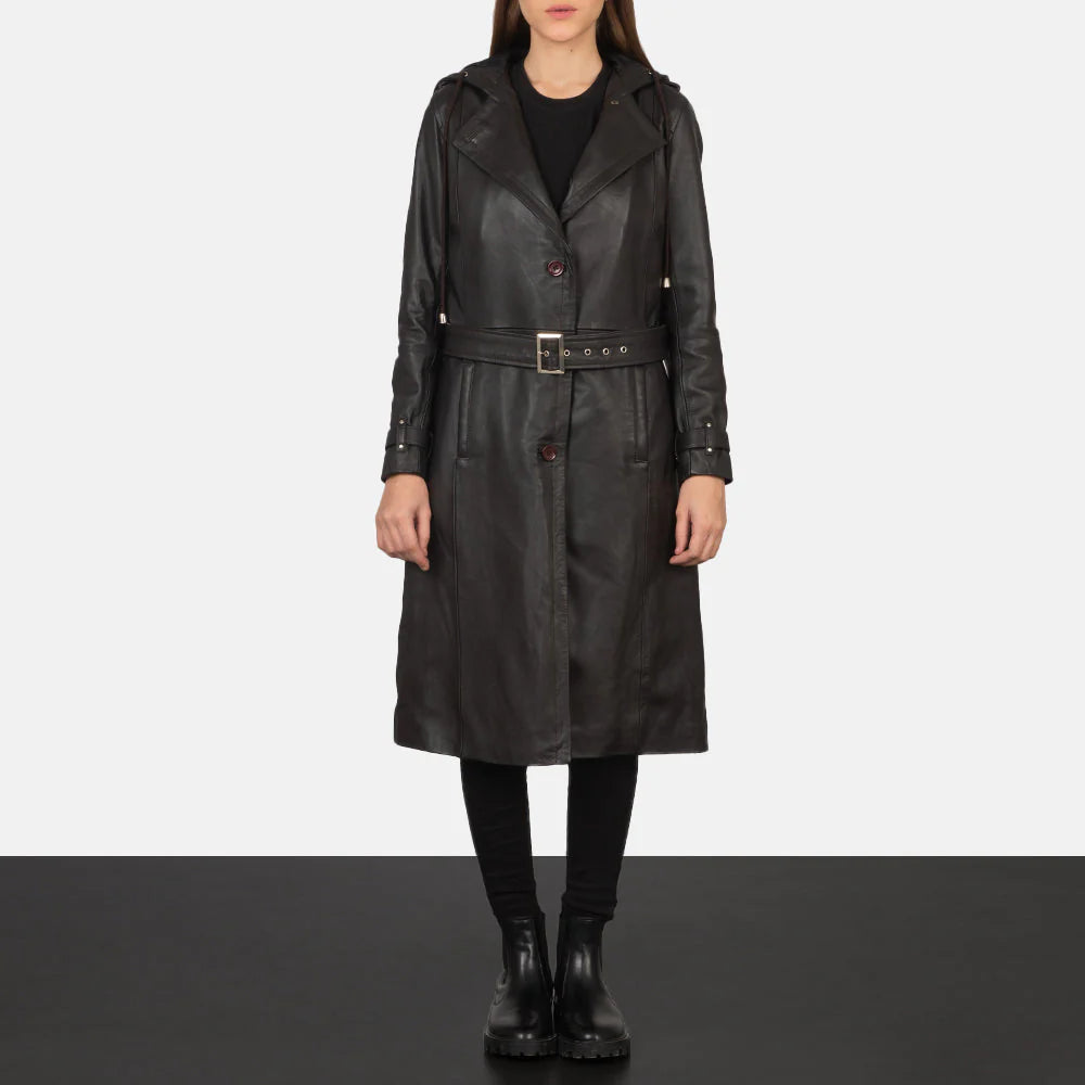 Arden Deep Brown Hooded Leather Trench Coat for sale