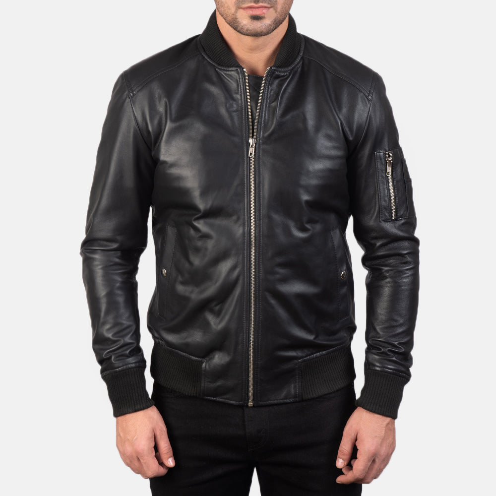 Ashveil Noir Leather Bomber Jacket for sale