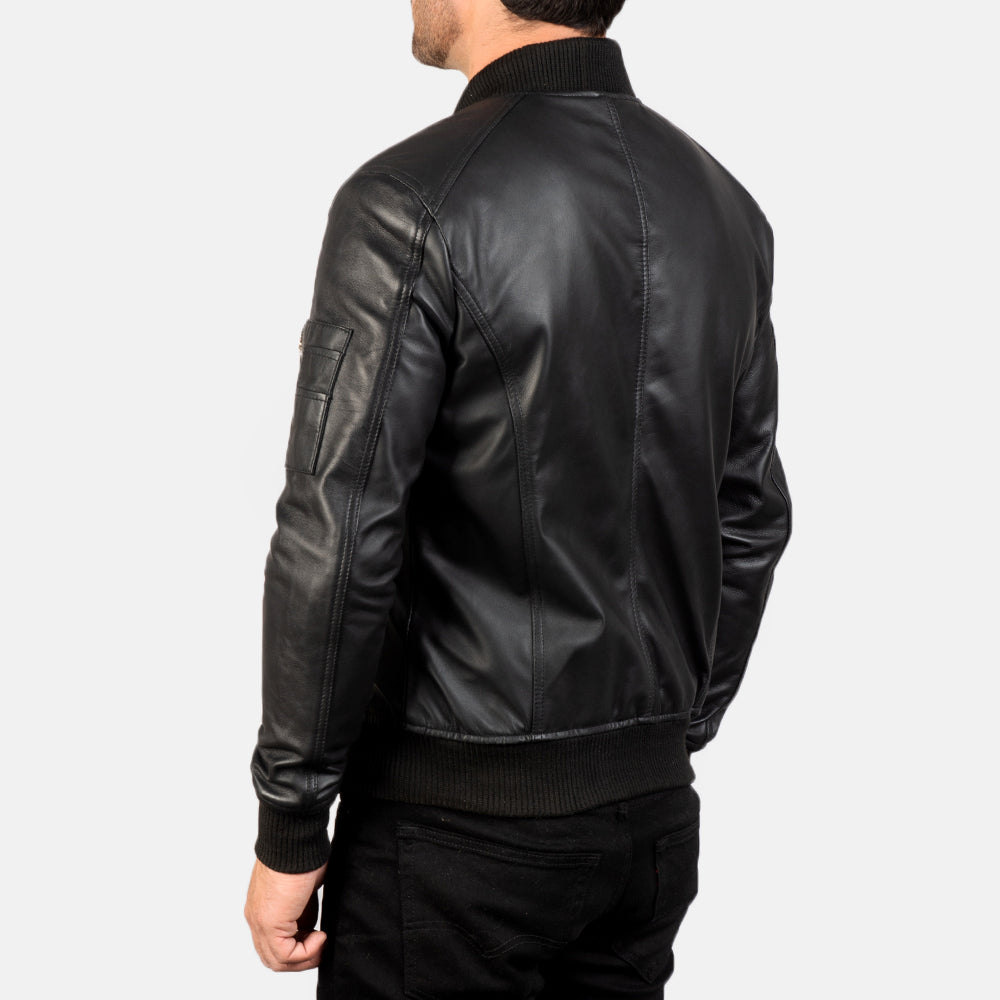 Ashveil Noir Leather Bomber Jacket for sale