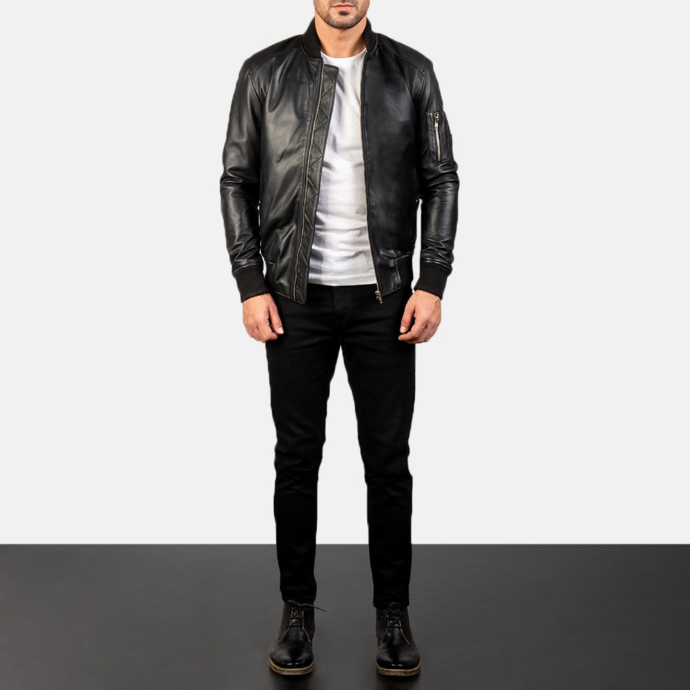 Ashveil Noir Leather Bomber Jacket for sale