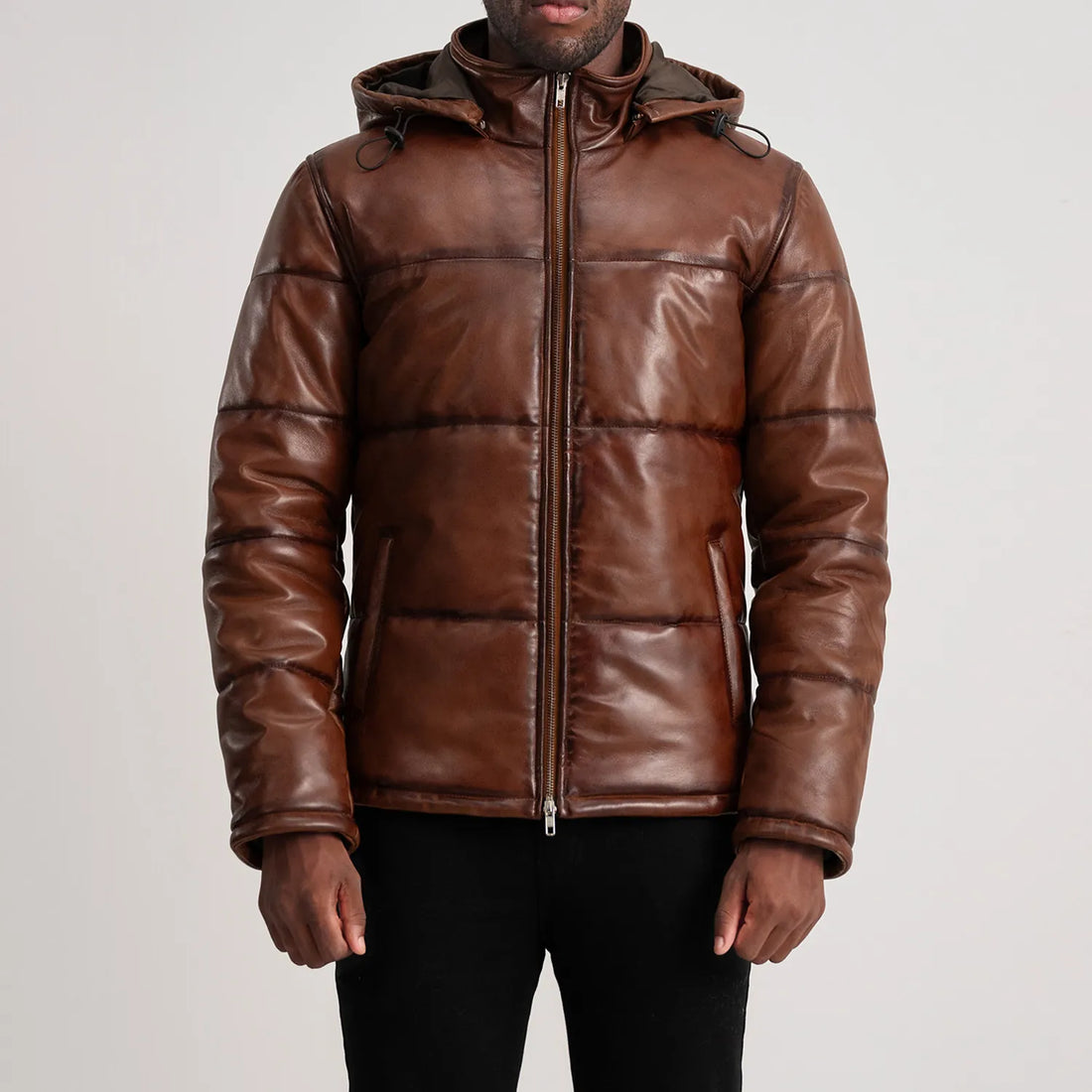 BOHO Essential Hooded Leather Puffer Jacket Brown for sale