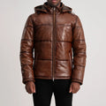 BOHO Essential Hooded Leather Puffer Jacket Brown for sale