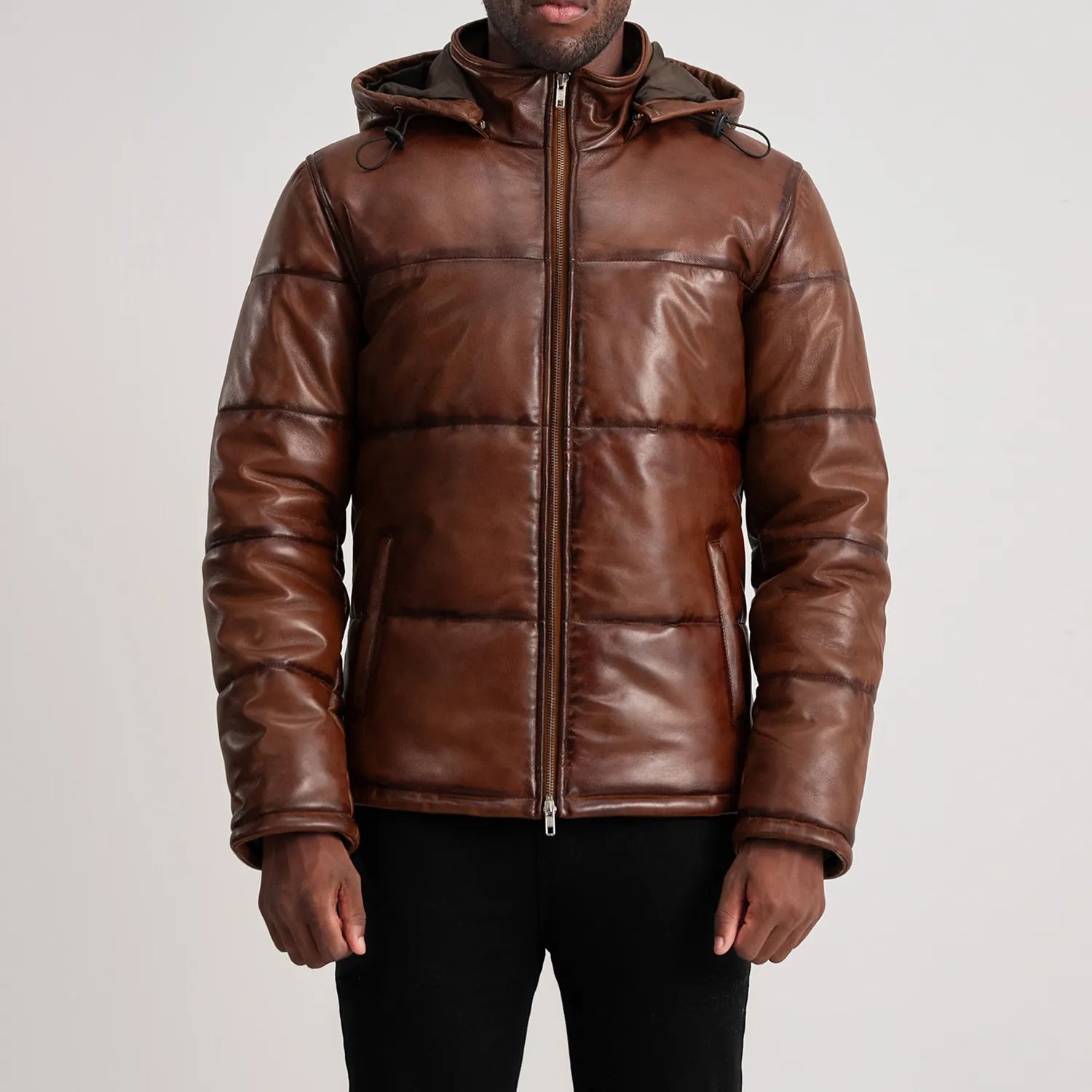 BOHO Essential Hooded Leather Puffer Jacket Brown for sale