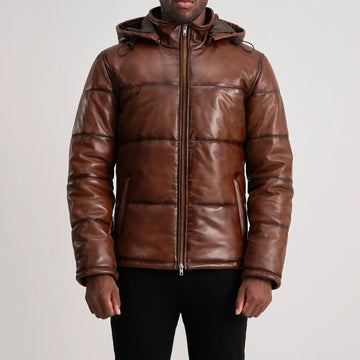 BOHO Essential Hooded Leather Puffer Jacket Brown for sale