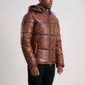 BOHO Essential Hooded Leather Puffer Jacket Brown for sale