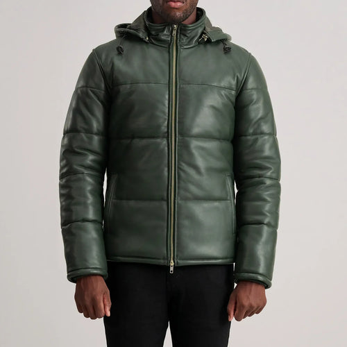 BOHO Essential Hooded Leather Puffer Jacket Green for sale
