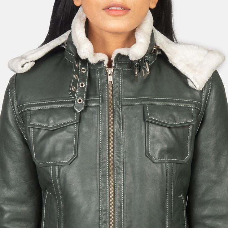 Boreal Crest Green Shearling Leather Jacket for sale