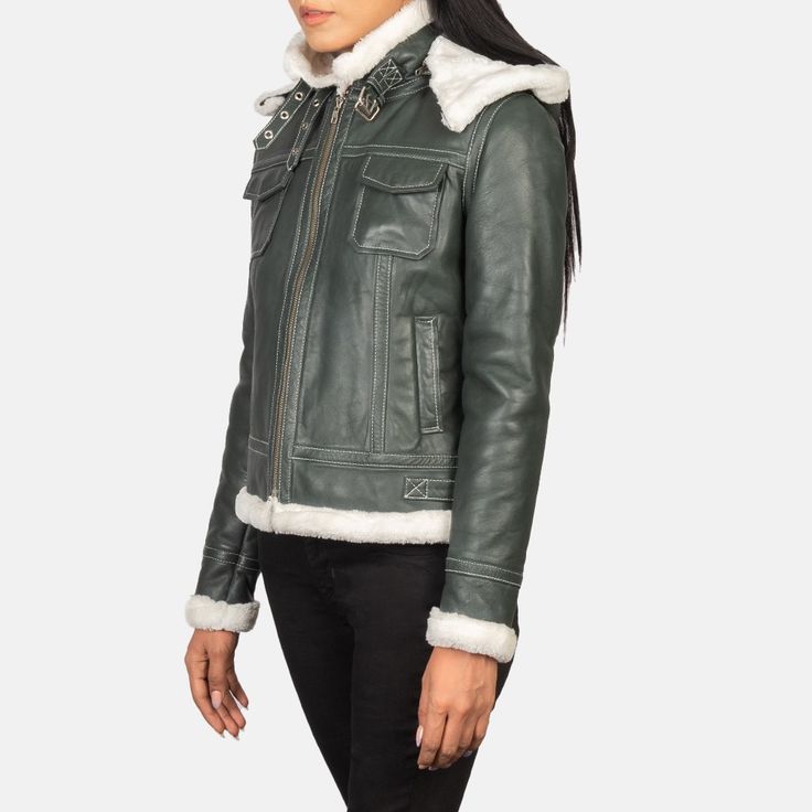 Boreal Crest Green Shearling Leather Jacket for sale