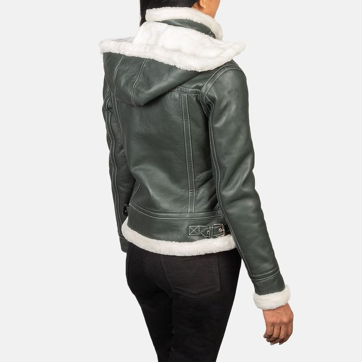 Boreal Crest Green Shearling Leather Jacket for sale