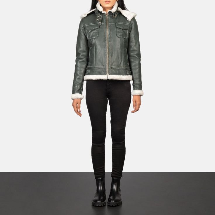 Boreal Crest Green Shearling Leather Jacket for sale