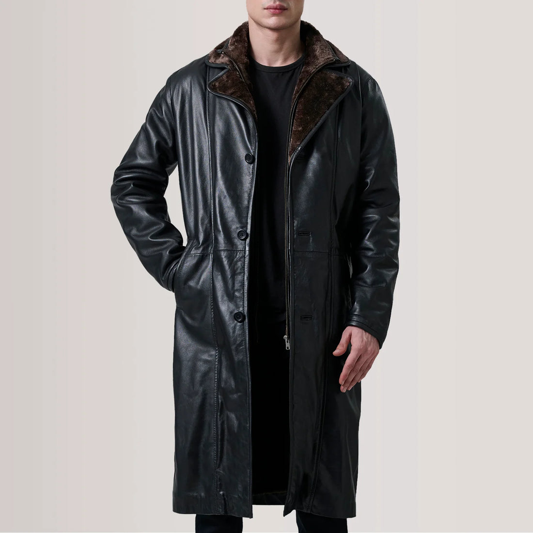 Cairmont Vintage Leather Shearling Coat - Black for sale