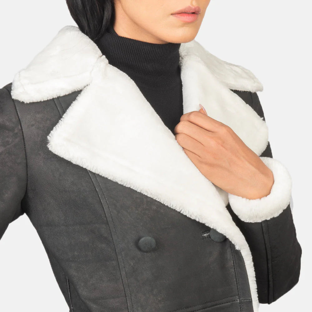 Faylen Black Double Breasted Shearling Coat for sale