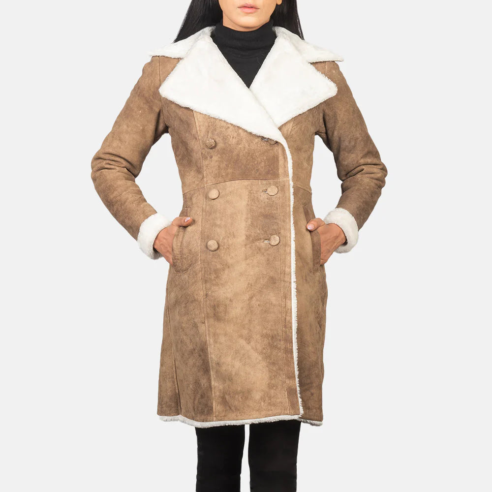 Faylen Distressed Brown Double Breasted Shearling Coat for sale