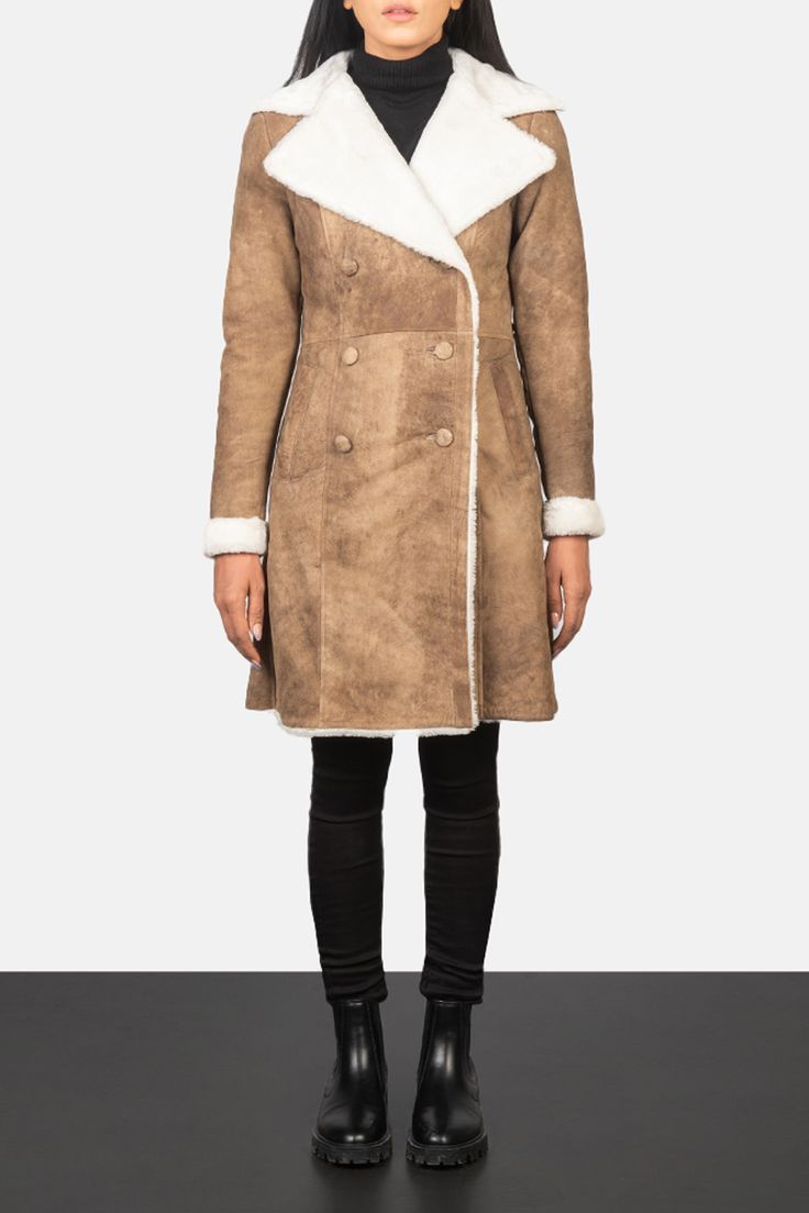 Faylen Distressed Brown Double Breasted Shearling Coat for sale