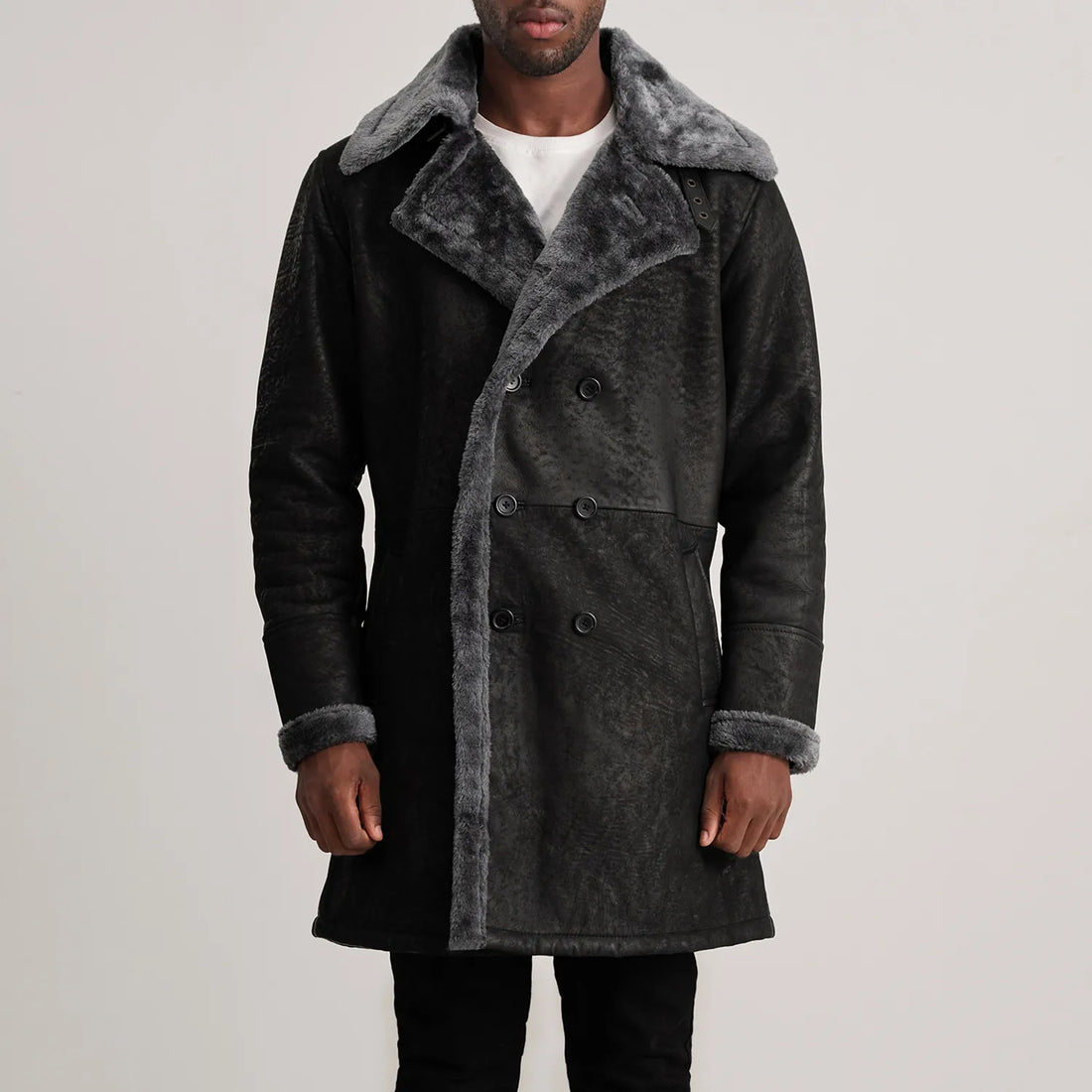 Fjordline Heritage Leather Shearling Coat - Distressed Black for sale