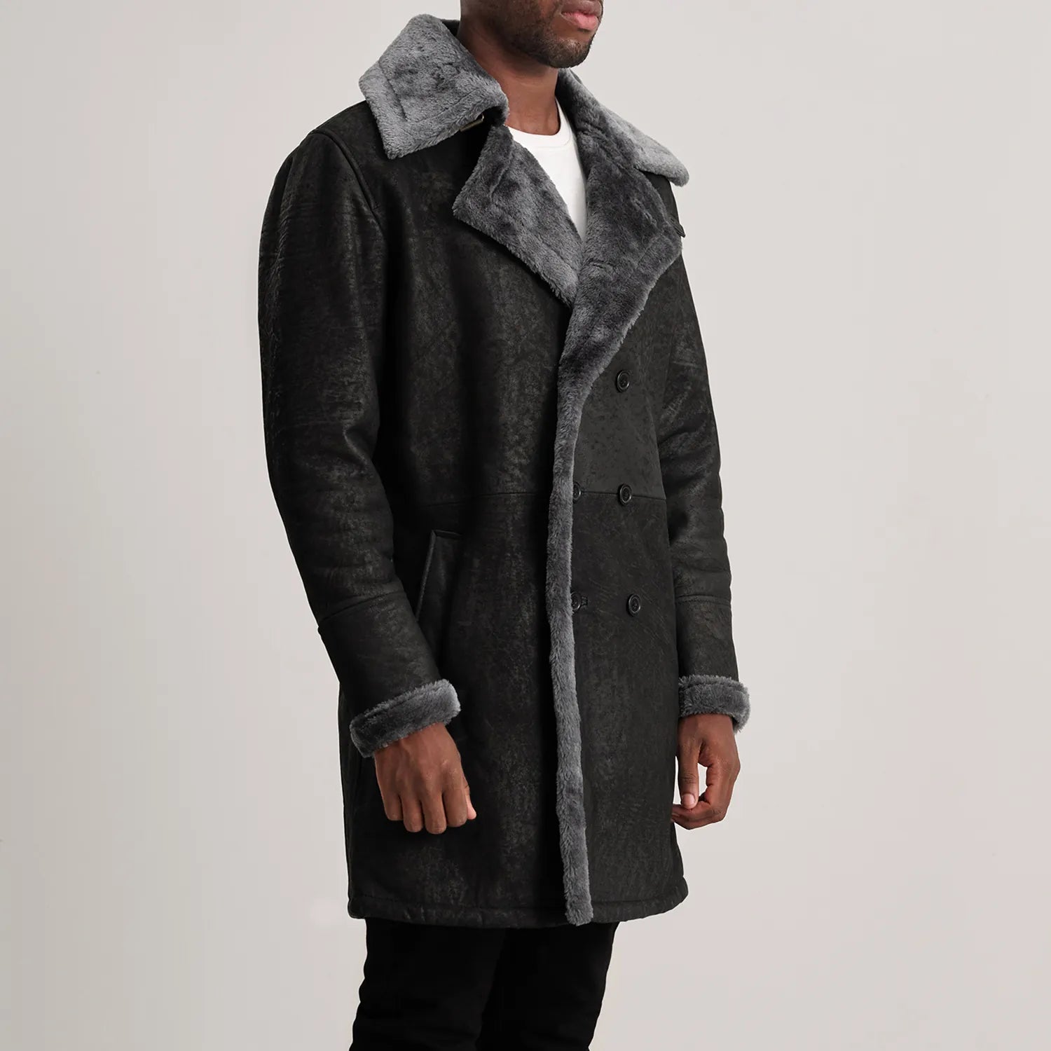 Fjordline Heritage Leather Shearling Coat - Distressed Black for sale