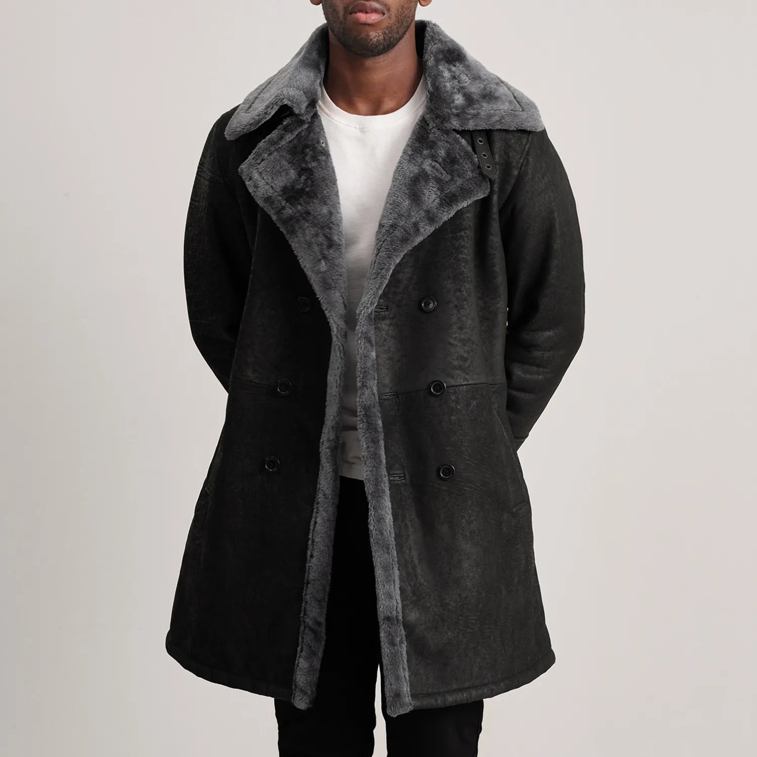 Fjordline Heritage Leather Shearling Coat - Distressed Black for sale