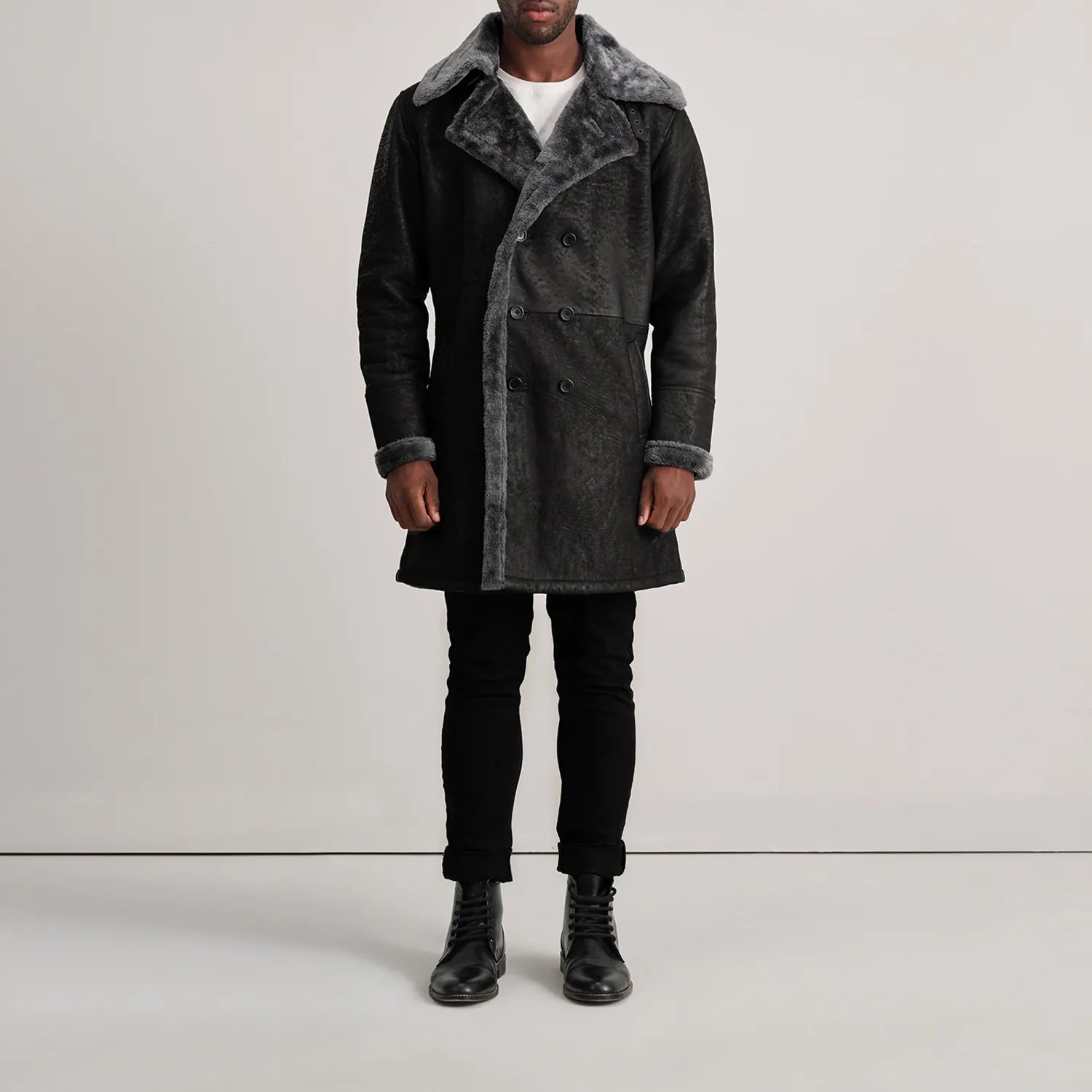 Fjordline Heritage Leather Shearling Coat - Distressed Black for sale
