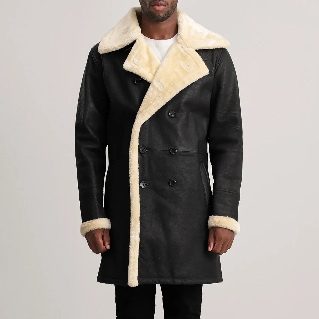 Fjordline Heritage Leather Shearling Coat Black for sale
