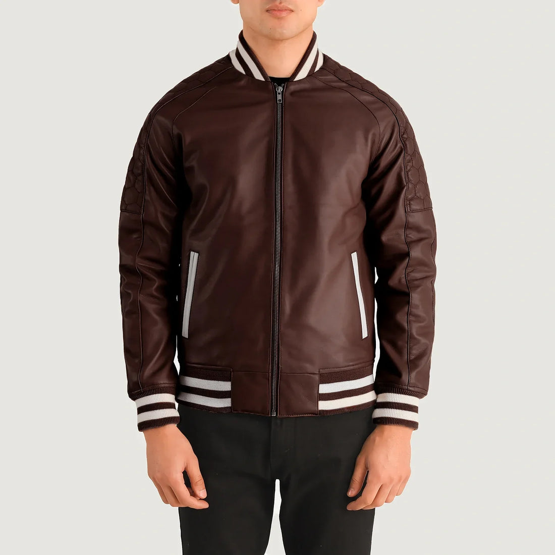 HexLine Maroon Leather Varsity Jacket for sale