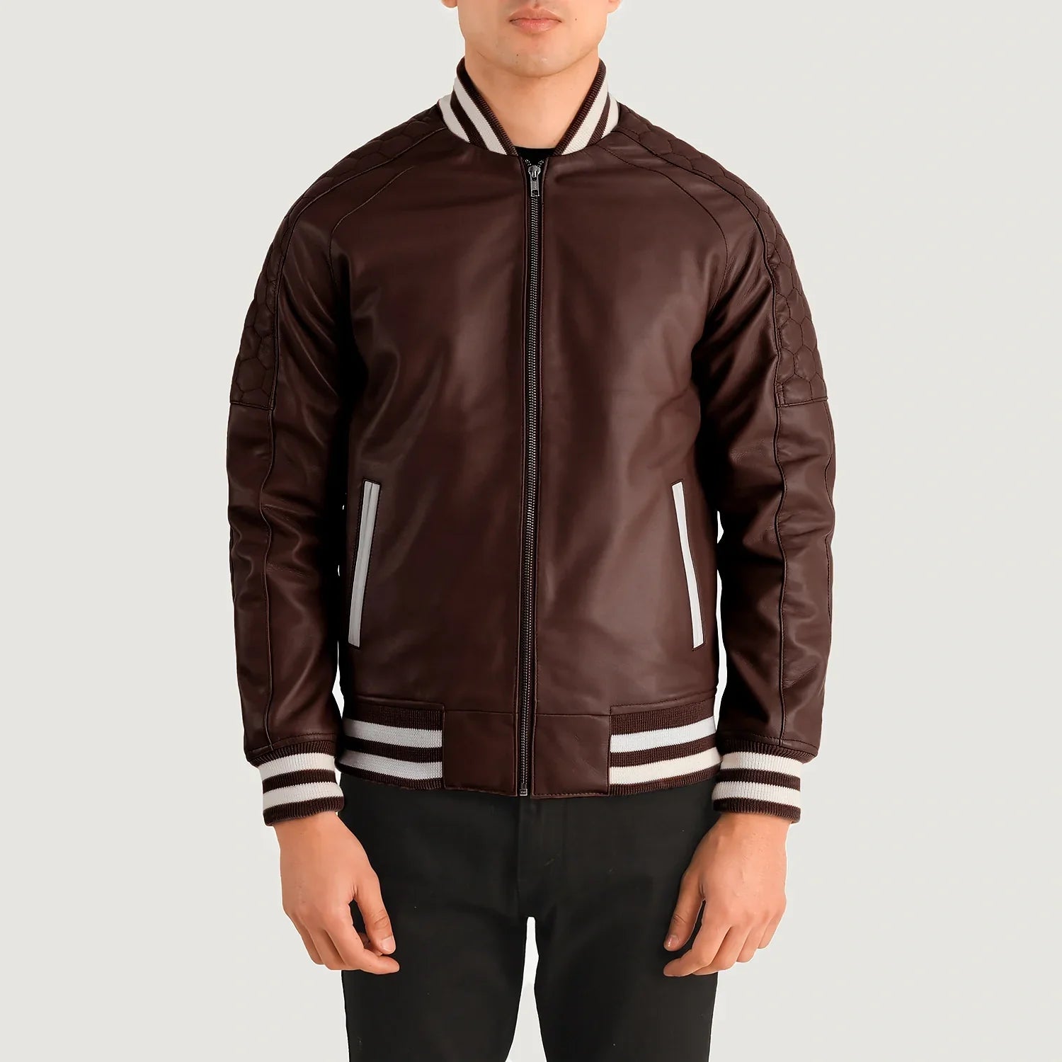 HexLine Maroon Leather Varsity Jacket for sale