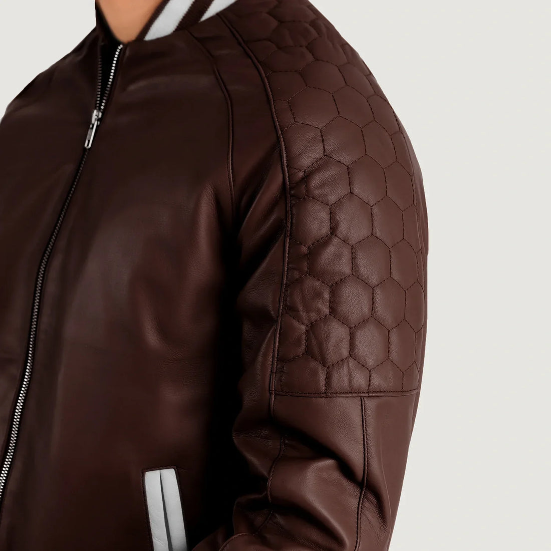 HexLine Maroon Leather Varsity Jacket for sale