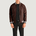 HexLine Maroon Leather Varsity Jacket for sale