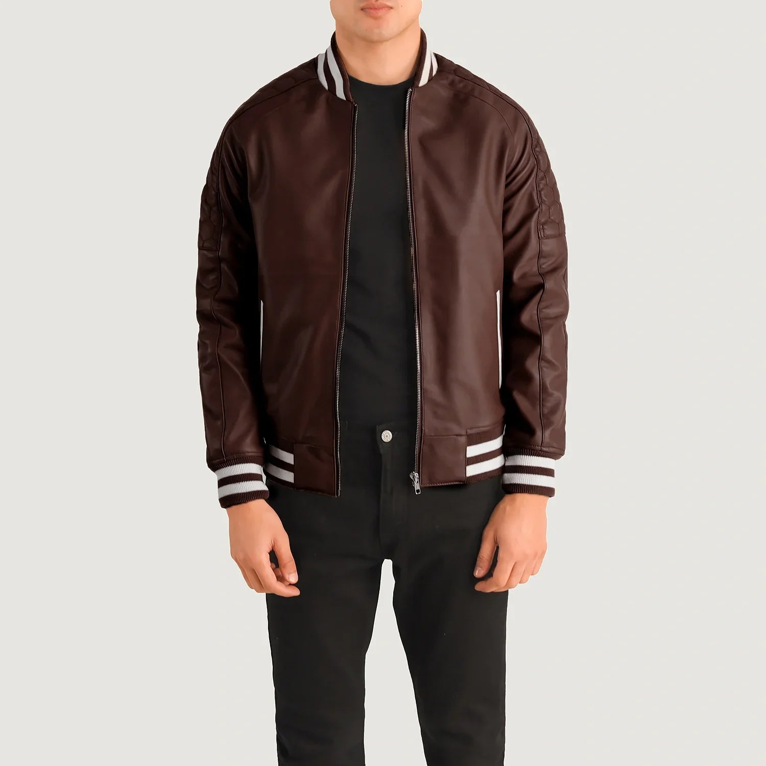 HexLine Maroon Leather Varsity Jacket for sale