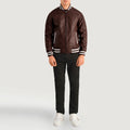 HexLine Maroon Leather Varsity Jacket for sale