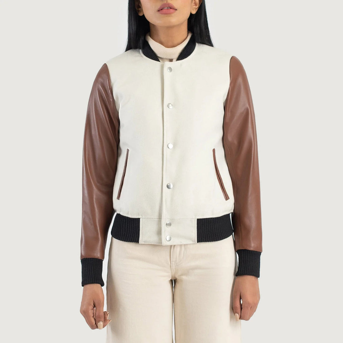 Hybrid Realm White-Brown Varsity Jacket for sale