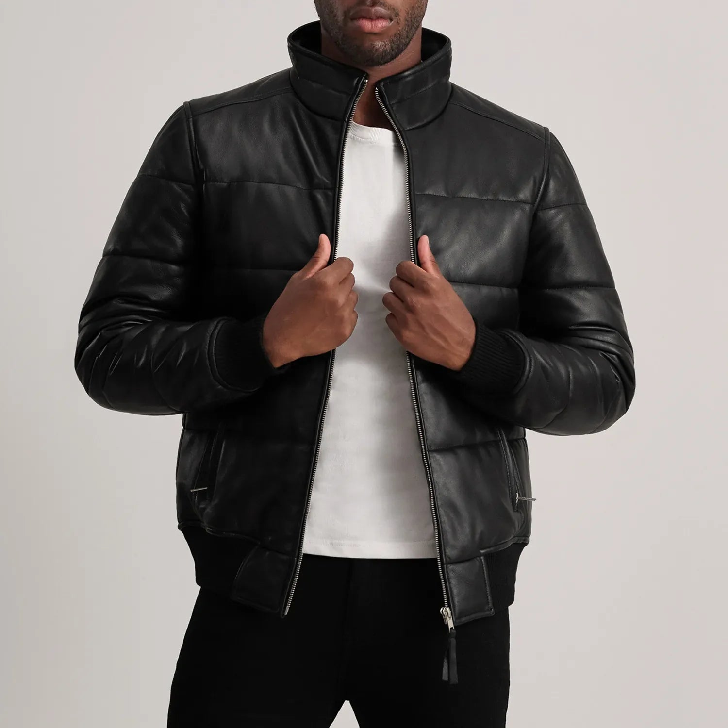 Lucent Core Leather Puffer Jacket Black for sale