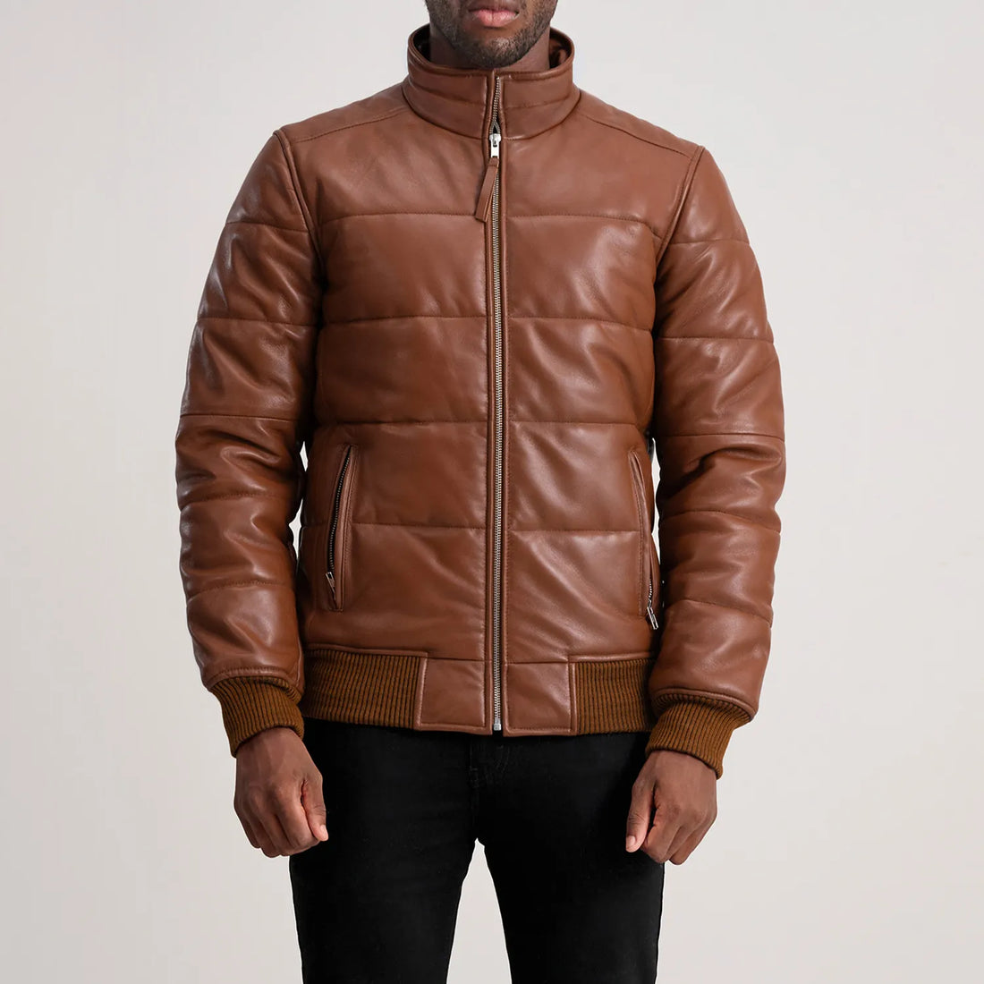Lucent Core Leather Puffer Jacket Brown for sale