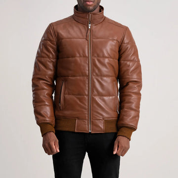 Lucent Core Leather Puffer Jacket Brown for sale
